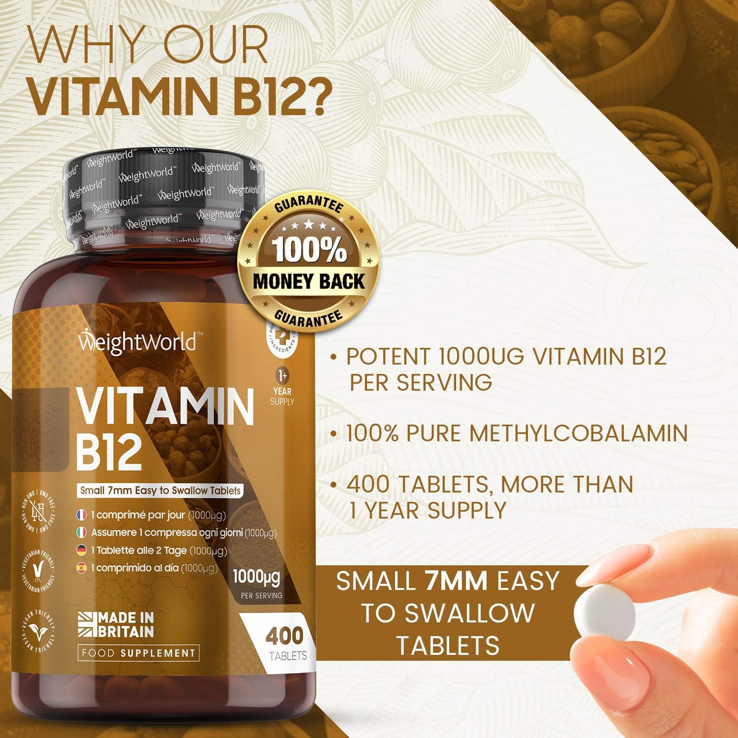 Vitamin B12 Tablets, 450 Tablets (1+ Year Supply), 1 Per Day, 1000mcg, 6mm in Size, Easy to Swallow, Methylcobalamin Form - Image 3