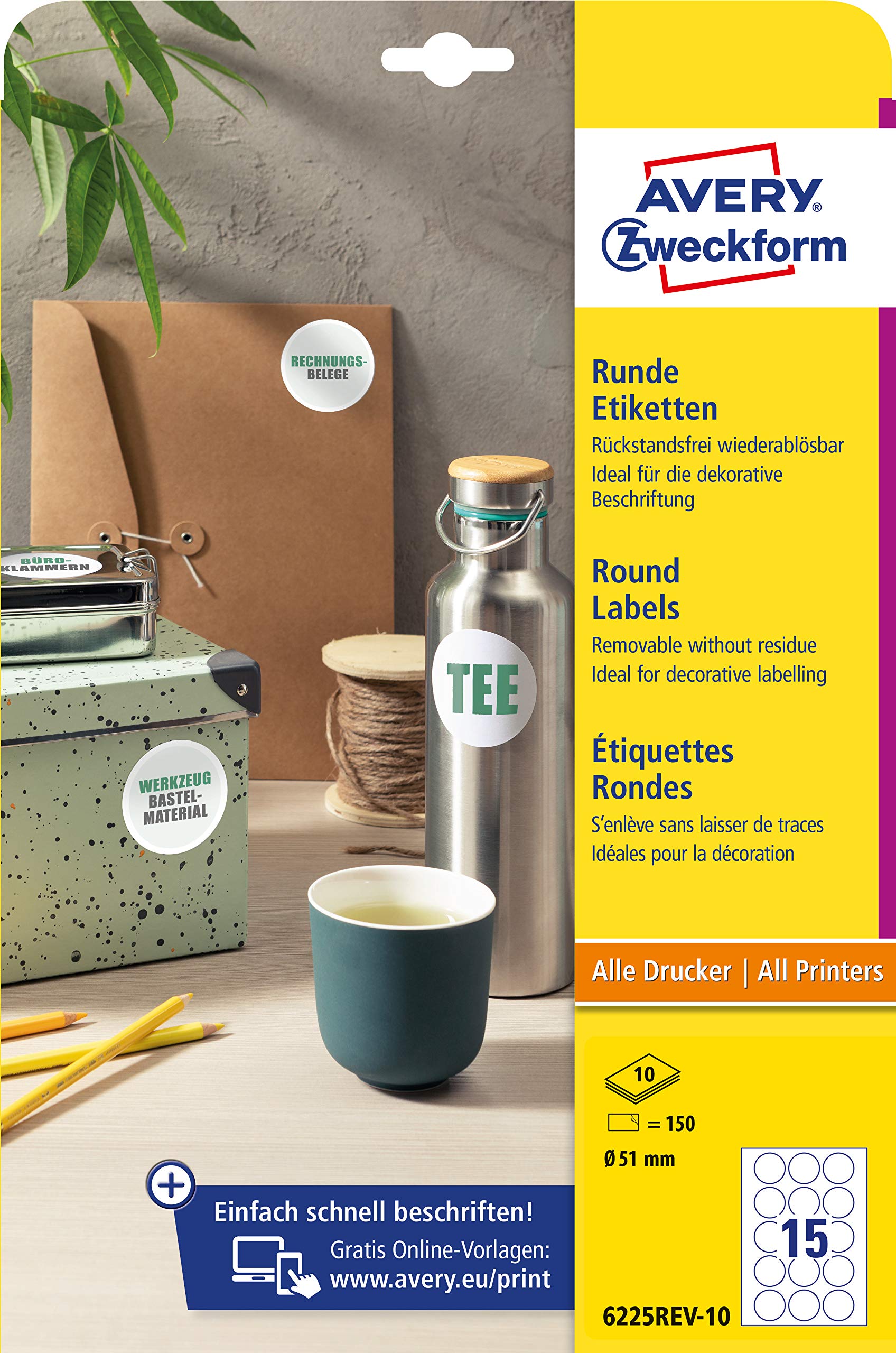 AVERY Zweckform 6225REV-10 Round Labels (150 Adhesive Dots, Diameter 51 mm on A4, Round Stickers for Printing, Removable Without Residue/Removable, Self-Adhesive Jam Labels), 10 Sheets, White