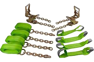 Mytee Products 8 Point Roll Back Vehicle Tie Down Kit with Chain Extension on Both Ends, Ratchet Handles - High Viz Green, WLL# 3333 LB - Tow Truck Straps Car Hauler Carrier Tie Down System
