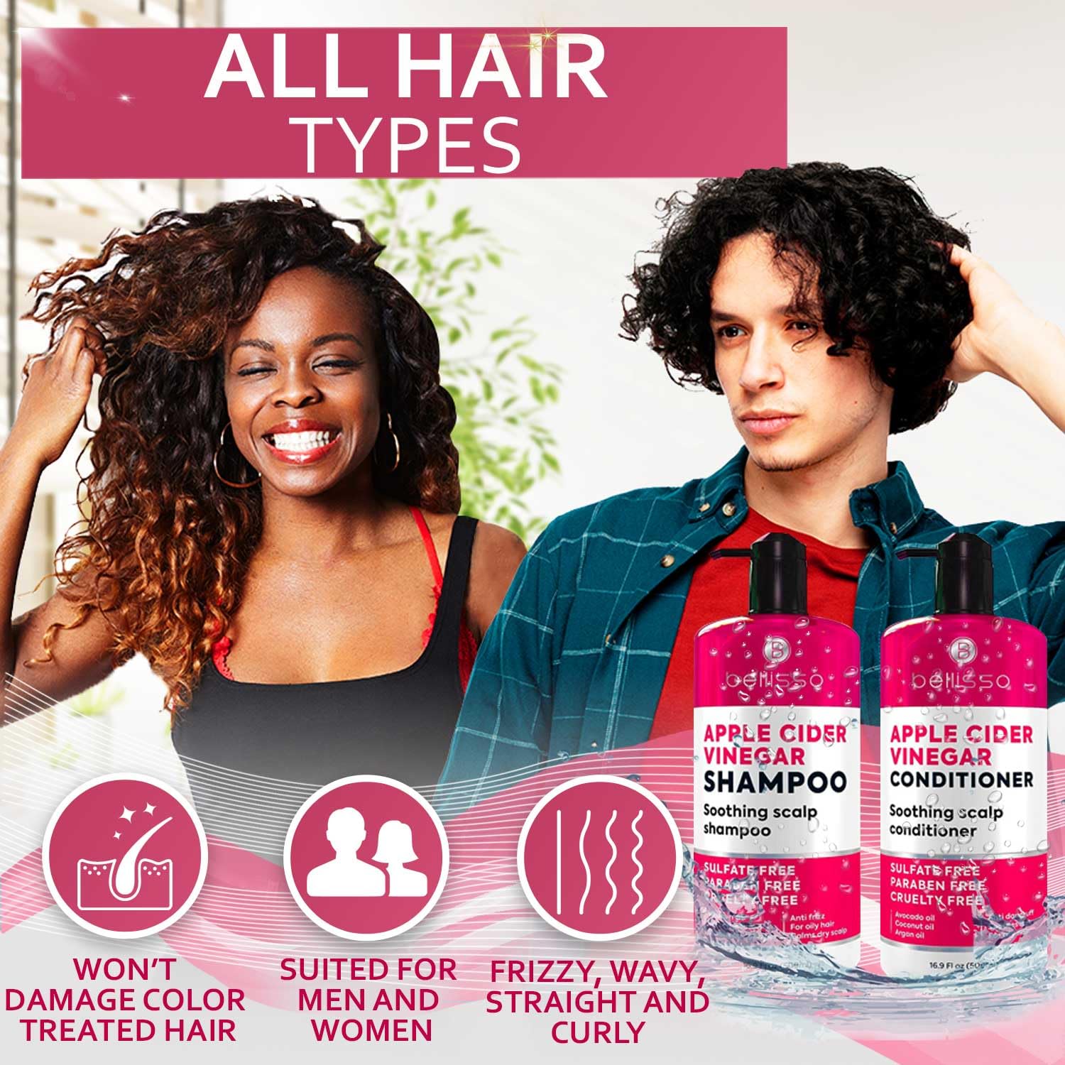 Apple Cider Vinegar Shampoo and Conditioner Set - Stop Flaky and Itchy Scalp – Sulfate Paraben Free Anti Dandruff Soothing Treatment for Dry, Oily and Damaged Hair - Intense Care for Women and Men