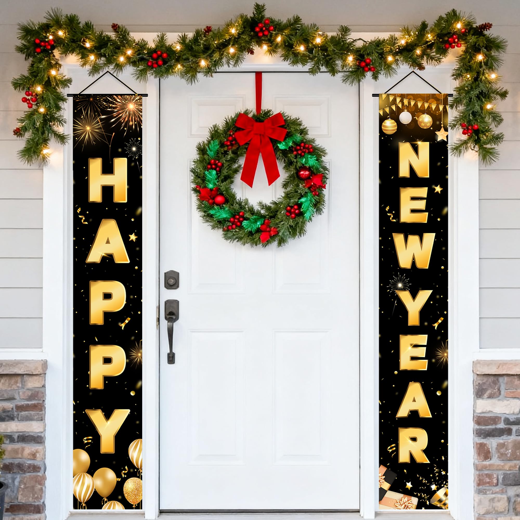 Photo 1 of 2026 Happy New Year Front Porch Banner 70.8x11.8 In, 2pcs Happy New Year Porch Banner Set for Outdoor Indoor Doorway Porch Yard New Years Decorations