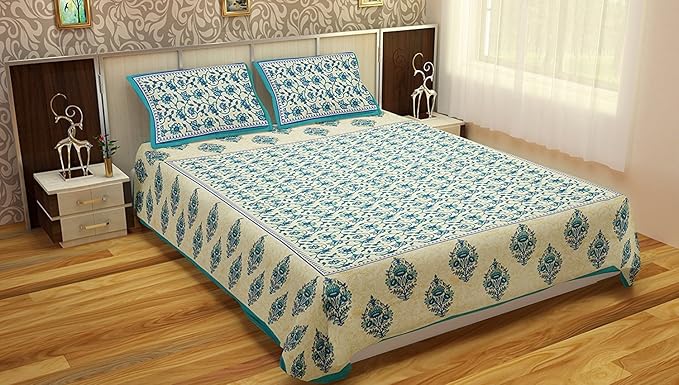 Vihaan Fab India Cotton Double Bedsheet with 2 Pillow Cover -Full Size, Multicolour