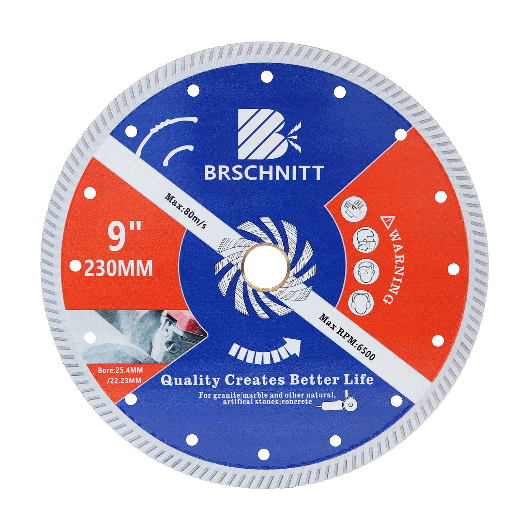 BRSCHNITT Diamond Cutting Disc for Concrete Masonry,230mm with Arbor 25.4mm-22.23mm Dry/Wet Cutting for Granite Marble Stone Hard Concrete Reinforced Concrete