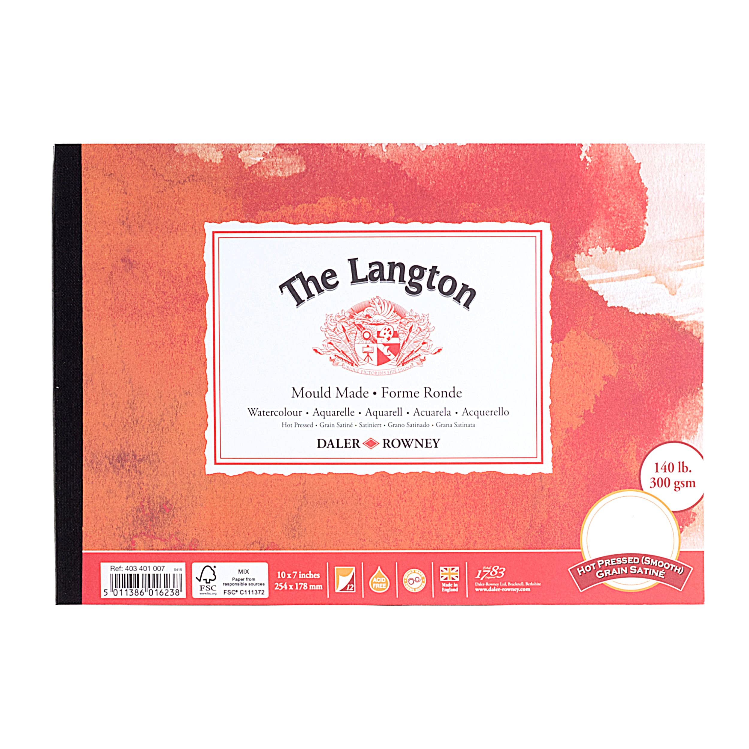 Daler-Rowney The Langton Hot-Pressed 300gsm 10 x 7 in Watercolour Paper Pad, Glued 1 Side, Acid-free, 12 Natural White Sheets, Ideal for Professional Artists