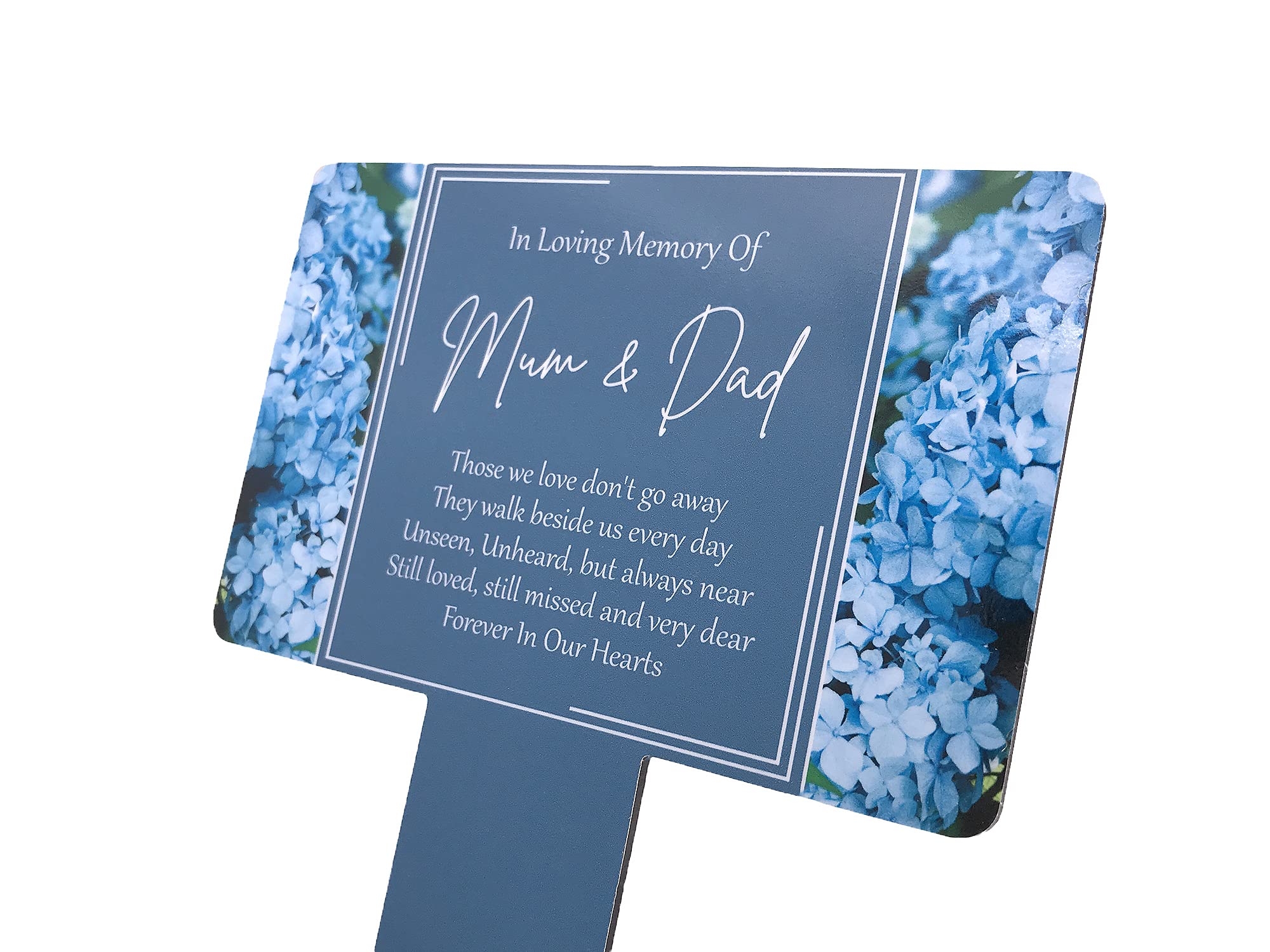 Mum & Dad Memorial Plaque Stake. Beautiful, eye-catching, waterproof grave marker printed with blue hydrangea flowers and a remembrance poem. (Light Blue)