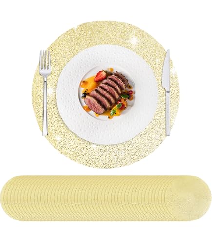 16 Sets De Table Jetables Ronds Dorés 33 Cm - Pour Mariage, Anniversaire, Noël Et Fêtes