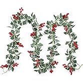3 Pack Christmas Berry Holly Garlands 25.5 Feet Artificial Greenery Garlands with White-Edged Green Leaves Winter Snowy Hanging Vine for Xmas Home Dining Room Deck Railing Staircase Decorations