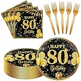 LDFDRT 80th 7 inch Birthday Party Paper Plates and Napkins Forks 60 pcs Black Gold Birthday Decorations for Boys Girls Tableware Set for Anniversary Party Supplies,Serve 20