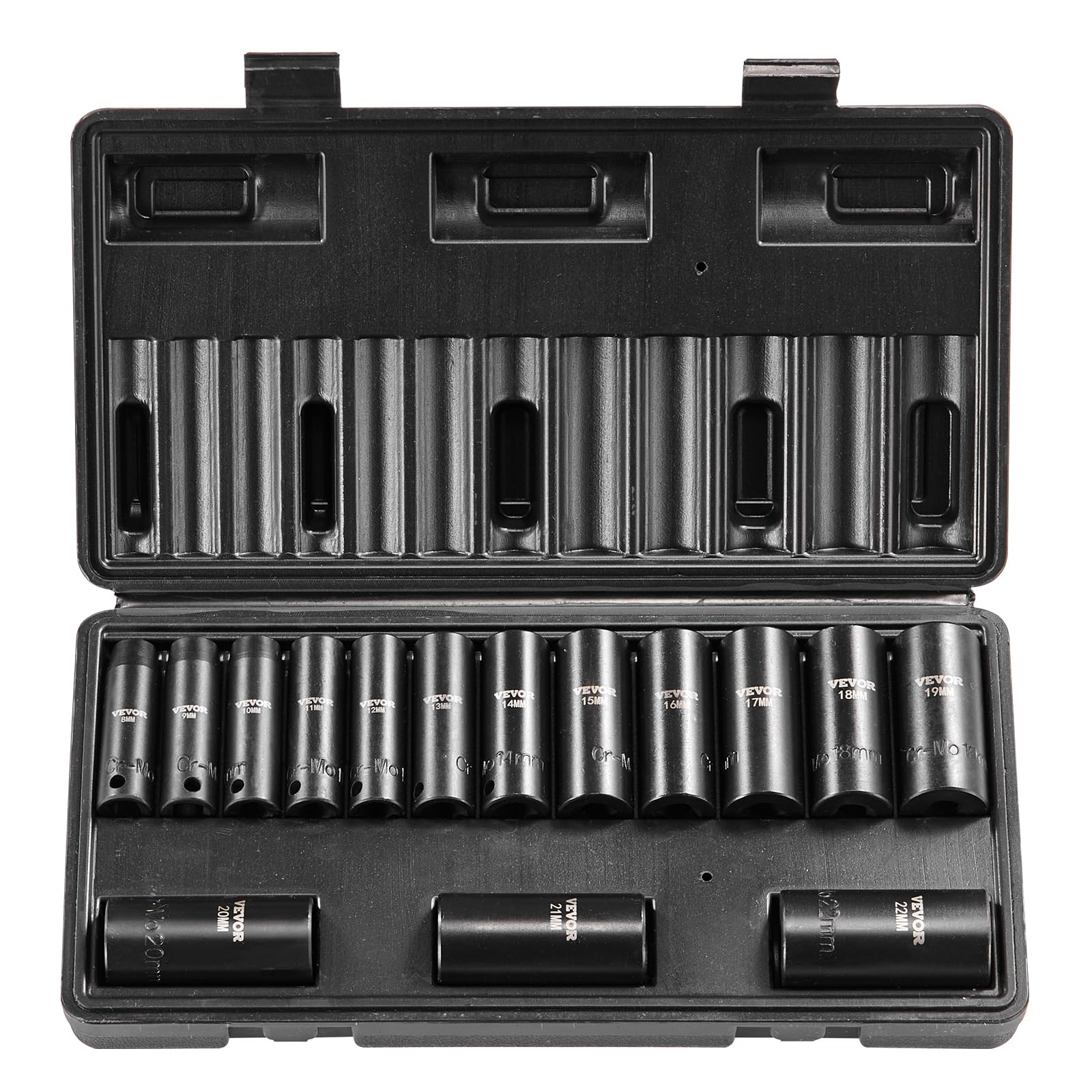 VEVOR 3/8" Drive Impact Socket Set, 15 Piece Deep Socket Set Metric 8-22mm, 6 Point Cr-Mo Alloy Steel for Auto Repair, Easy-to-Read Size Markings, Rugged Construction, Includes Storage Case Image