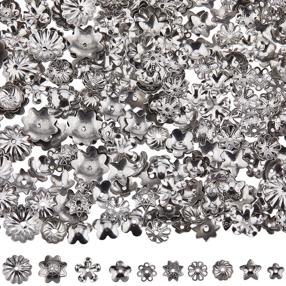 SUNNYCLUE 1 Box 300Pcs 10 Styles Flower Bead Caps Silver Spacer Beads Bulk Multi Petal Filigree Floral Stainless Steel Bead Caps Findings for jewellery Making Supplies DIY Bracelets Necklaces Earrings — image 1