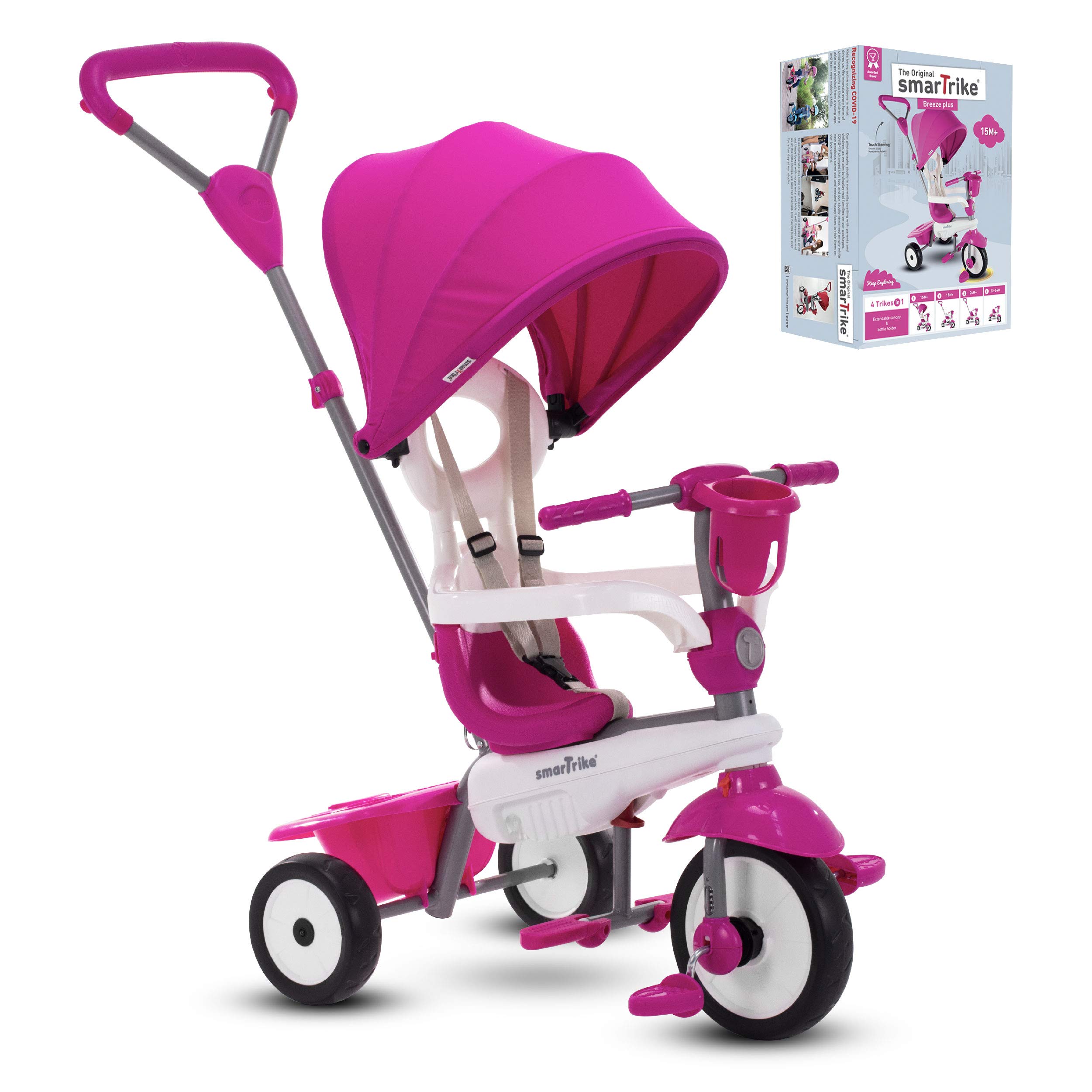 smarTrike Breeze Plus Toddler Tricycle Stroller Push Bike – Adjustable Trike for Baby, Toddler, Infant Ages 15 Months to 3 Years (Princess Pink)