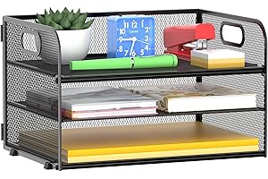 MINDEPOT 3 Tier Paper Organizer Tray with Handle, Mesh Letter Tray for Office, Home, School (1 Pack), Black