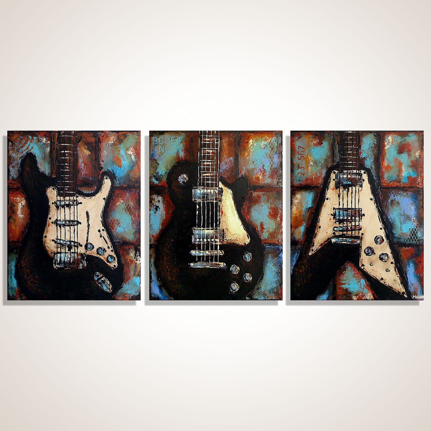 Amazon Com Guitar Painting Music Art Gift For Musician Flying V Les Paul Guitar Art Original Large Abstract Guitar Painting On Canvas Triptych By Magda Magier Made To Order Handmade