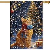 BlissYard Christmas House Flag 28 x 40 Inch Double Sided Garden Flag with Ginger Cat in Scarf Looking at Lit Tree for Winter Yard Banner Porch Outdoor Decor