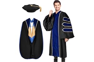 YIIOSS Unisex Deluxe Doctoral Graduation Gown with Tam 8-Sided Package and Hood for Doctoral Regalia