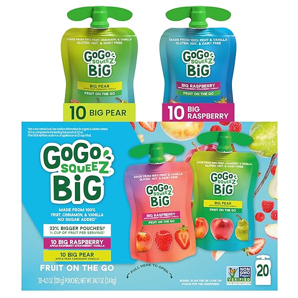 GOGO SQUEEZ BIG APPLESAUCE & FRUIT PUREE WITH VANILLA AND CINNAMON VARIETY PACK, PEAR & RASPBERRY, 4.2 OZ. (PACK OF 20), UNSWEETENED FRUIT SNACKS FOR KIDS, GLUTEN FREE, NUT FREE, DAIRY FREE POUCHES