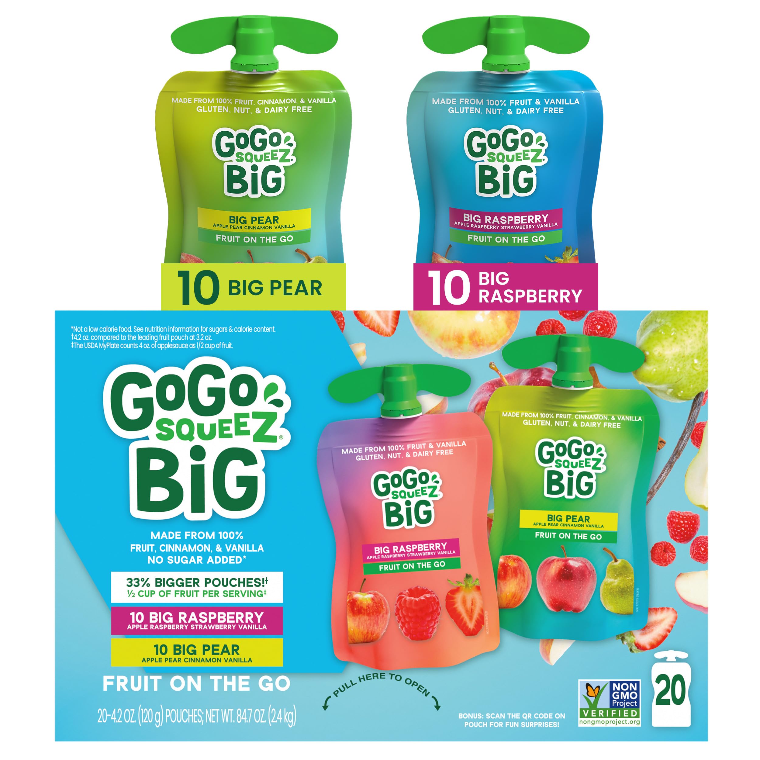 GoGo SqueeZ BIG Applesauce & Fruit Puree with Vanilla and Cinnamon Variety Pack, Pear & Raspberry, 4.2 oz. (Pack of 20), Unsweetened Fruit Snacks for Kids, Gluten Free, Nut Free, Dairy Free Pouches