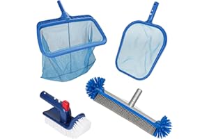Ahomdoo 4-Piece Pool Cleaning Kit with Professional Leaf Skimmer, Mesh Net, 17.5 Inch Brush & Scrubber (No Pole)