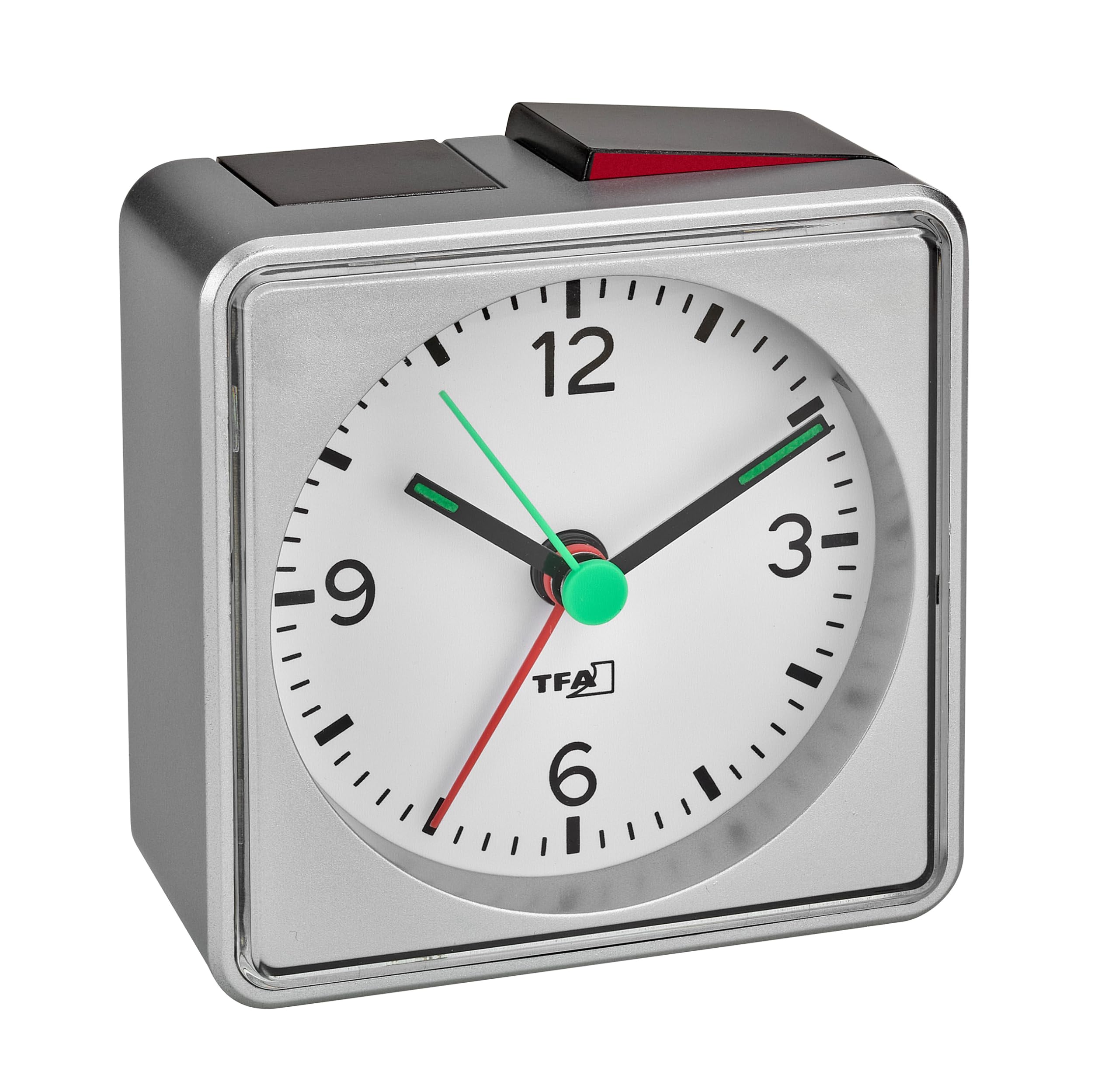 TFA Dostmann analogue alarm clock Push, 60.1013.54, bedside non ticking, travel clock, battery operated, silver