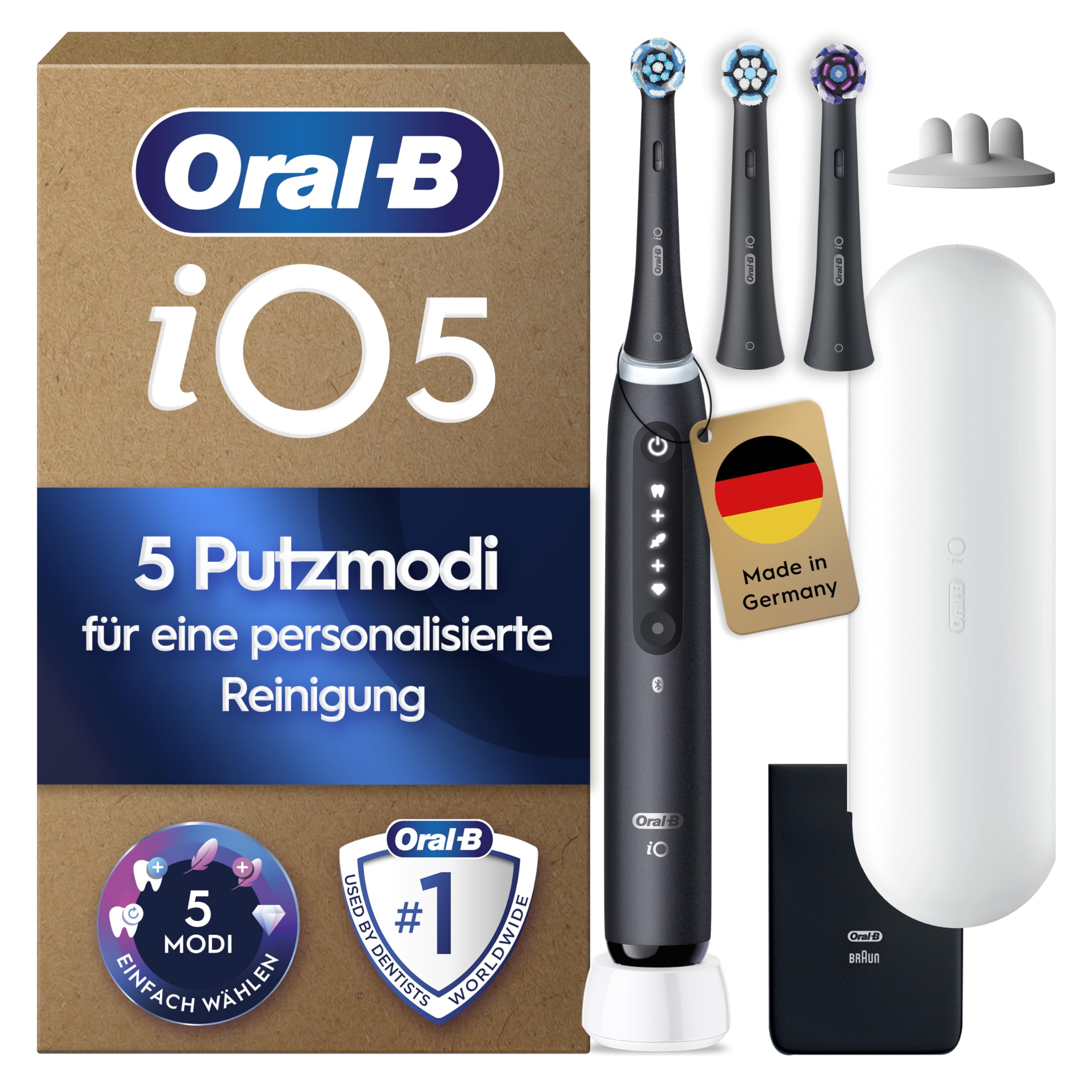 Oral-B iO Series 5 Plus Edition Elektrische Zahnbürste — Electric Toothbrush, Inkl. 3 Aufsteckbürsten und Reise-Etui — 5 Putzmodi für Zahnpflege, Zahnbürste Elektrisch, Designed by Braun, Schwarz