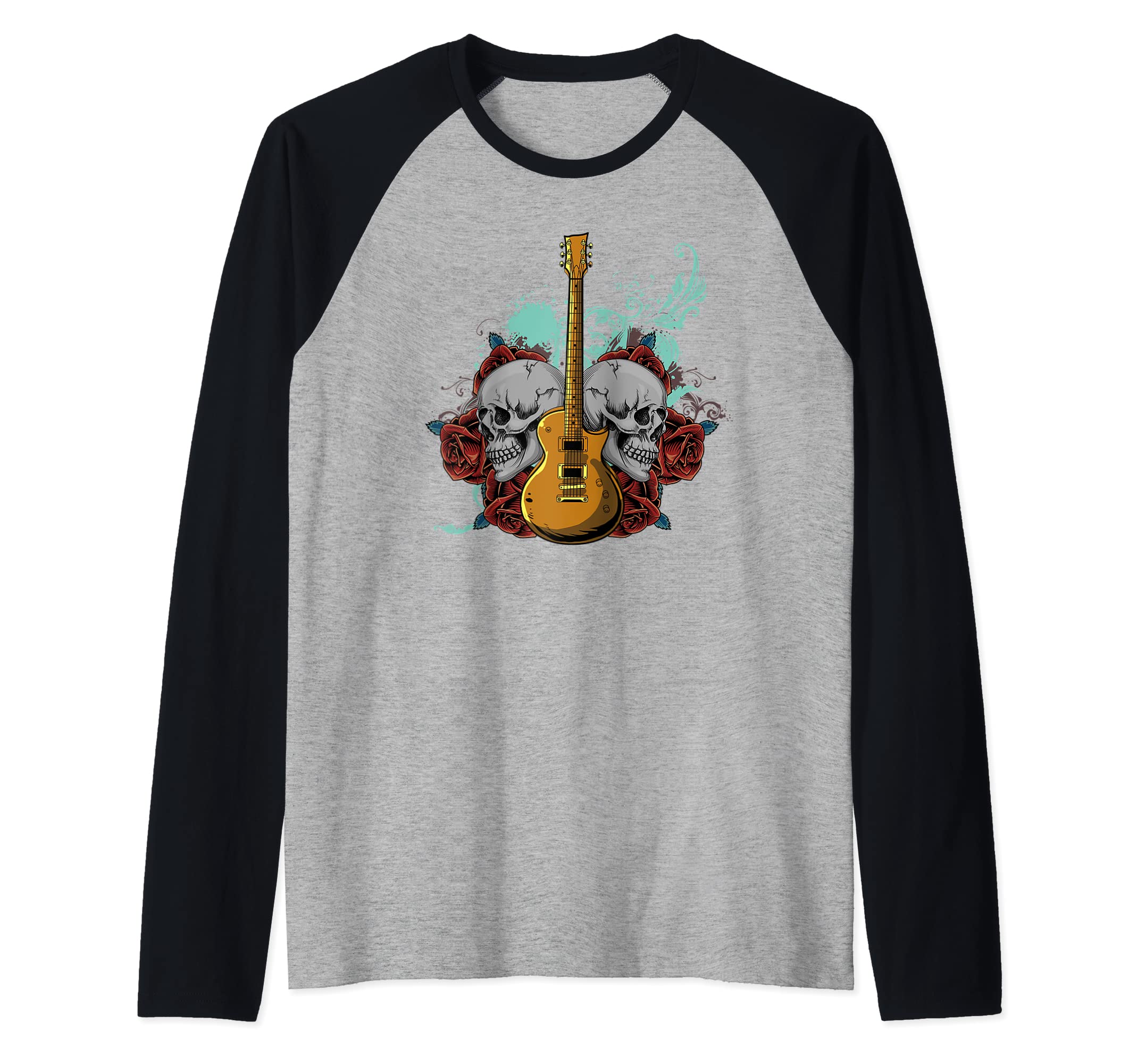 Electric Guitar Skull Red Roses - E-Guitar Rock Guitarist Raglan Baseball Tee