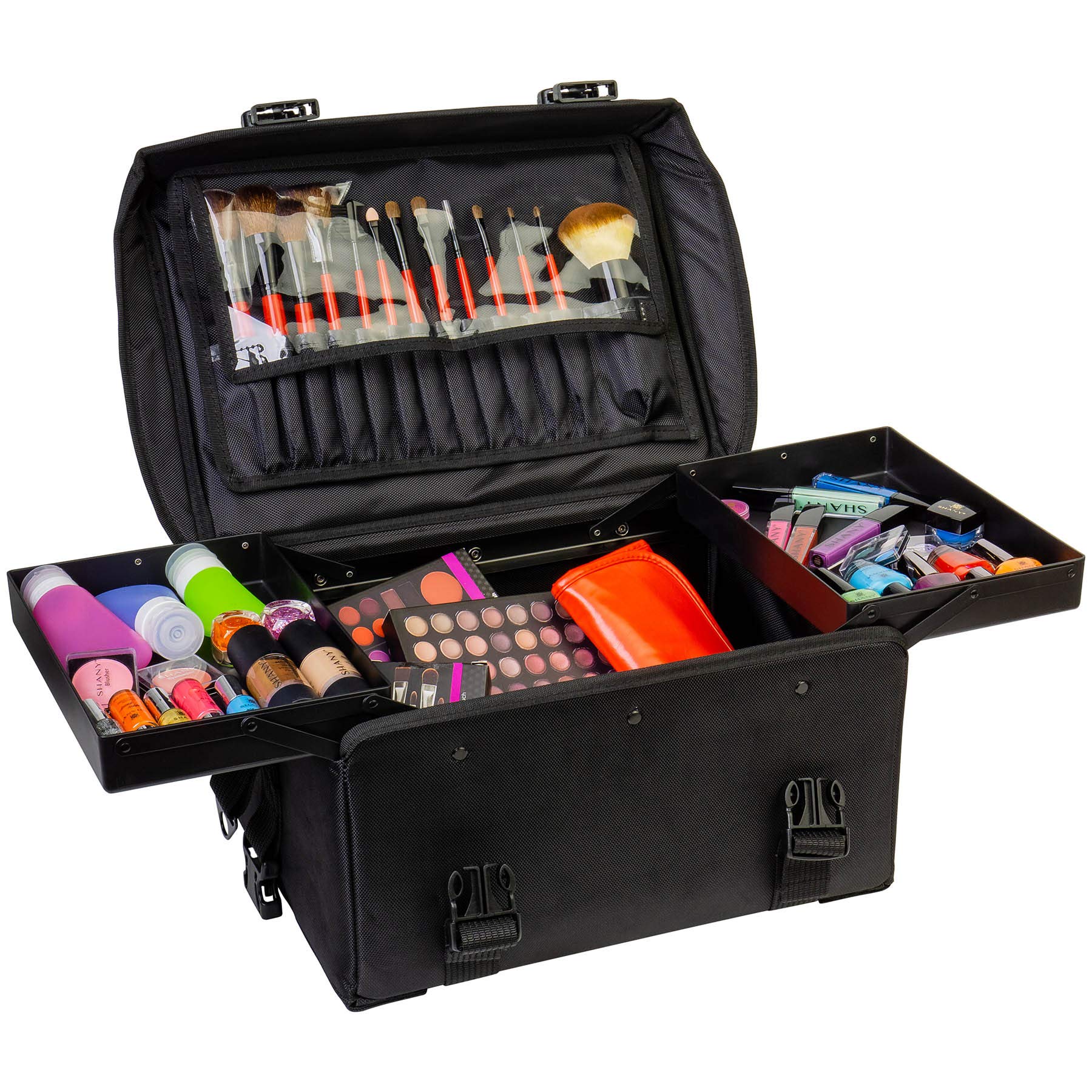 SHANY Makeup Artist Soft Rolling Trolley Cosmetics Case Make up Travel Bag With Beauty Organizer Drawer Bins, TSA Mesh Bag Organizers - Jet Black