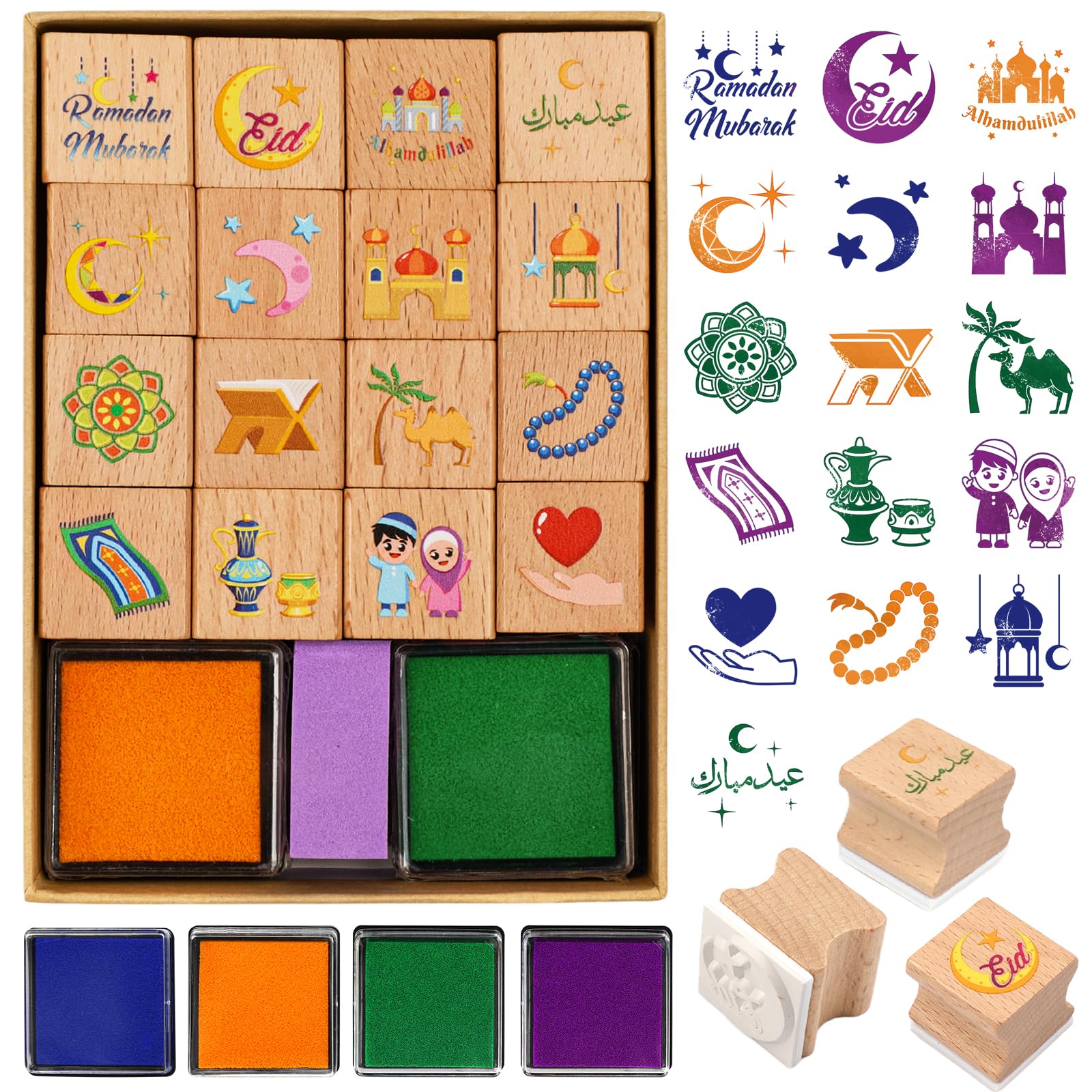 DPKOW Ramadan Eid Stamps for Kids Crafts Eid Party Favour, 16 Wooden Stamps Ink Pads Set for Kids Eid Card DIY Scrapbooking Islamic Craft Gifts Activities Eid al-Fitr Party Fillers Bags Supplies