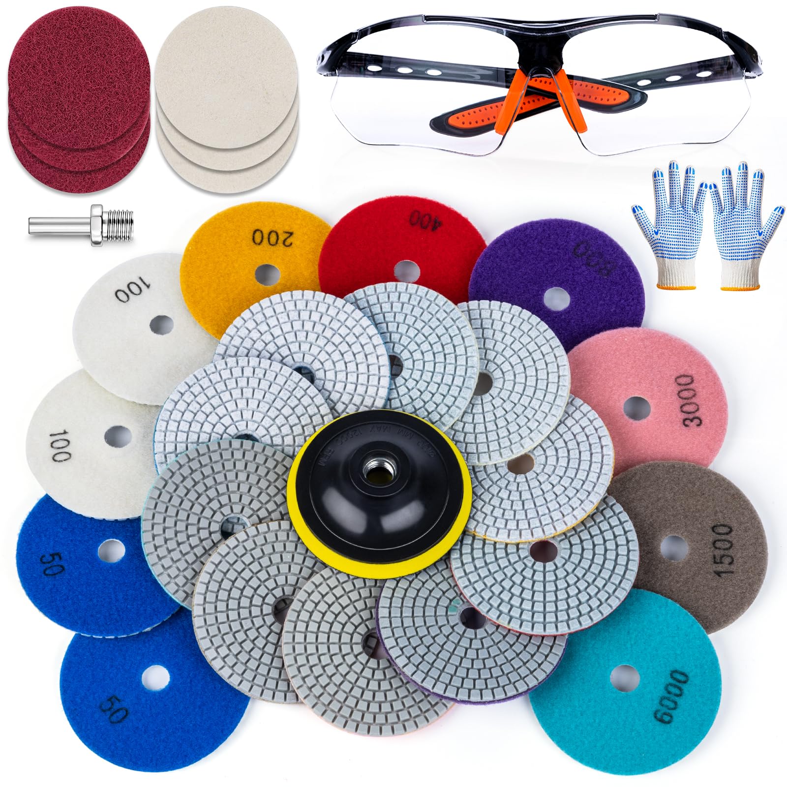 Photo 1 of VISCOO 20 Pack 4 Inch Diamond Polishing Pads, Granite Polishing Pads Kit with 5/8''-11 Backer Pad, 50-6000 Grit Wet/Dry Polishing Pads for Marble, Concrete, Quartz, Stone, Tile with Wool Felt Pads