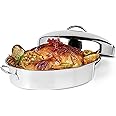 OVENTE Oval Stainless Steel Roasting Pan with Flat Rack and Lid, 16 Inch Nonstick Oven Roaster and Baking Tray, Dishwasher Safe Bakeware for Turkey, Roasted Chicken, Beef or Veggies, Silver CWR32161S