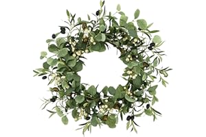 YNYLCHMX 18" Summer Wreaths for Front Door Spring Eucalyptus Wreath Door Wreaths for Spring Summer Olive Leaves Olive Bean Wreath for Outside Wall Window Farmhouse Indoor Outdoor Party Holiday