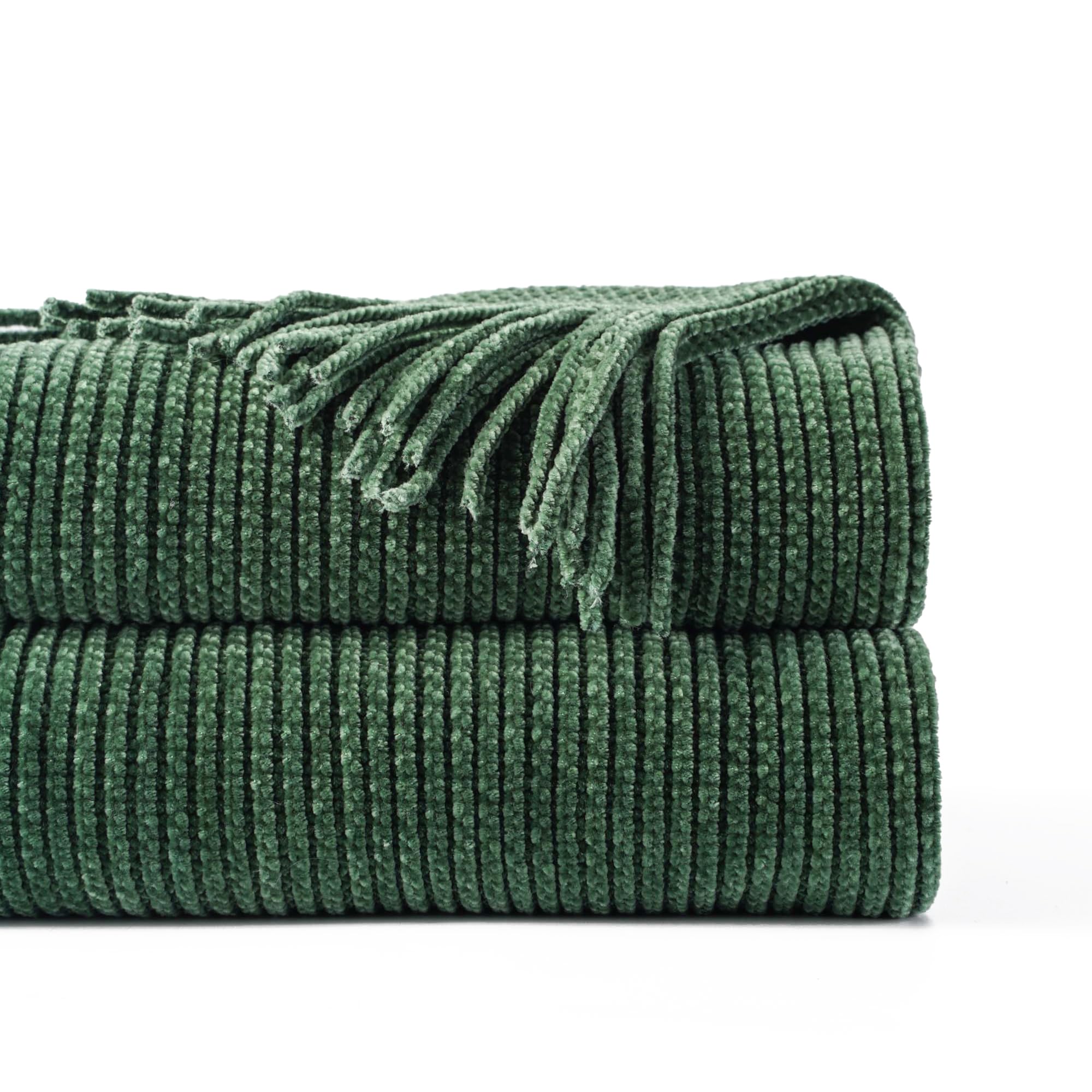 BATTILO HOME Dark Green Throw Blanket for Couch, Soft Chenille Knit Throws with Tassels for Home Decor, Christmas Green Throws for Bed Couch Cover, 60"x80" Image