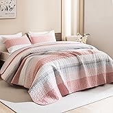 Litanika Quilt Queen Size Pink, Stripe Patchwork Summer Bedspread Coverlet 3 Pieces, Soft Lightweight Microfiber Quilted Bedding Set for All Season(1 Quilt, 2 Pillowcases)