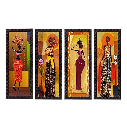eCraftIndia Set of 4 Tribal Women Satin Matt Texture UV Art Painting
