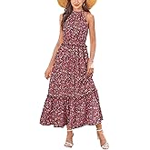 Newshows Womens 2025 Summer Vacation Outfits Halter Neck Floral Tiered Ruffled Flowy Casual Beach Boho Long Maxi Dress