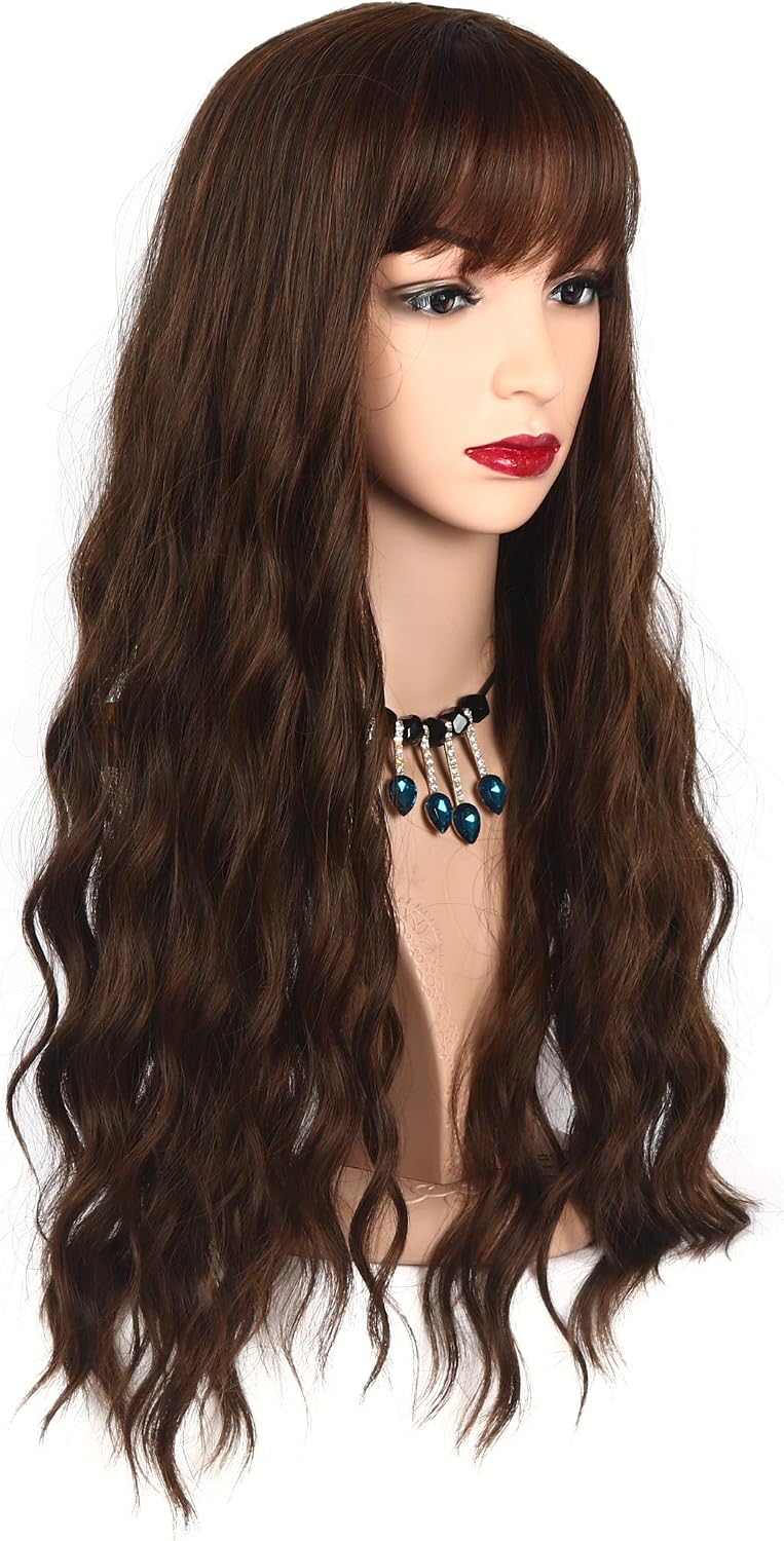 Chisu Synthetic Wigs With Bangs For Women Glueless Wigs Long Wavy Style Wig 26inches Linen Yellowish Brown Color - Image 5