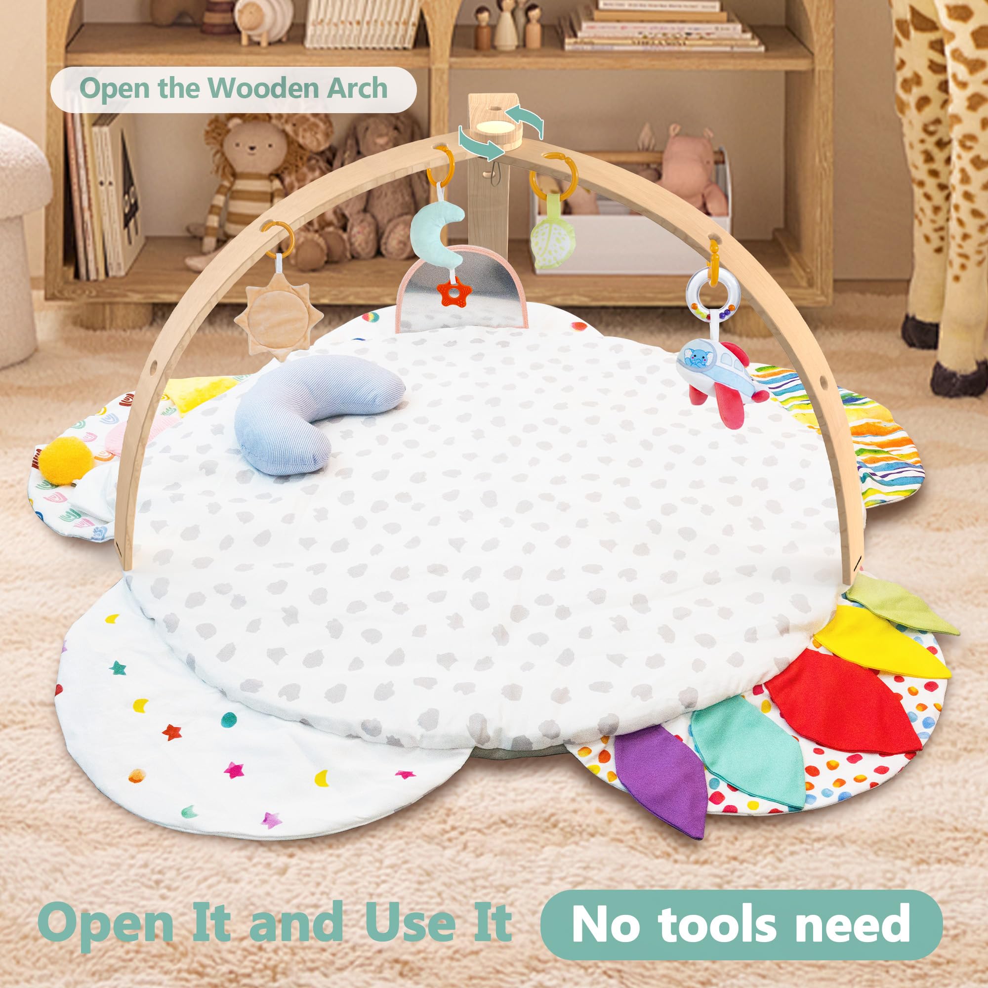 Baby Play Gym & Activity Mat | Stage-Based Developmental Activity Gym & Play Mat for Baby to Toddler, Wooden Tummy Time Mat with Detachable Sensory Toys, Baby Essentials Shower Gift | FSC-Certified