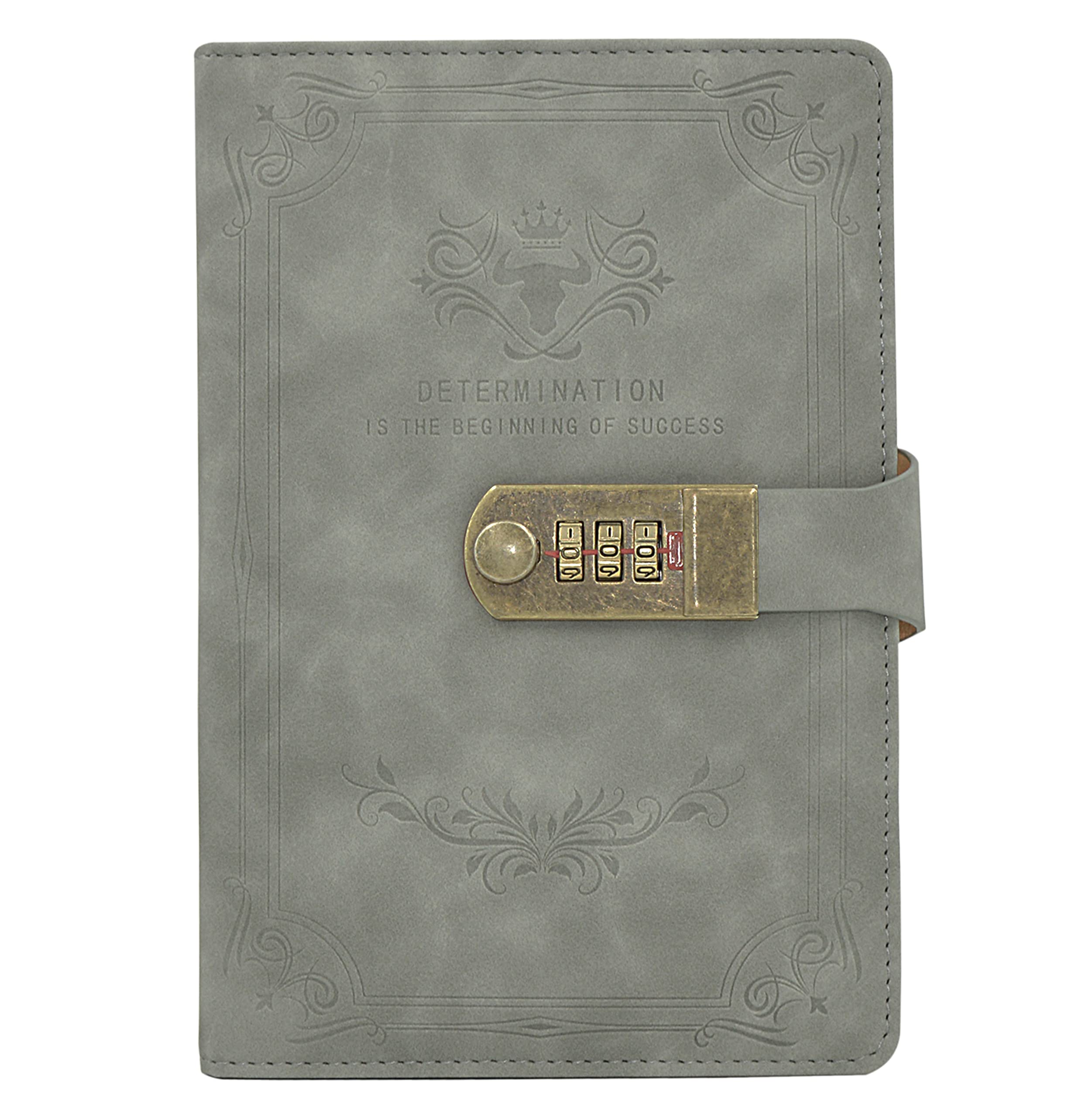 Auvier Diary with Lock, PU Leather Password Lock Notebook, Lockable Journal for Adults with Combination Lock, A5 Writing Notebook Secret Notepad for Office Women Men, Grey