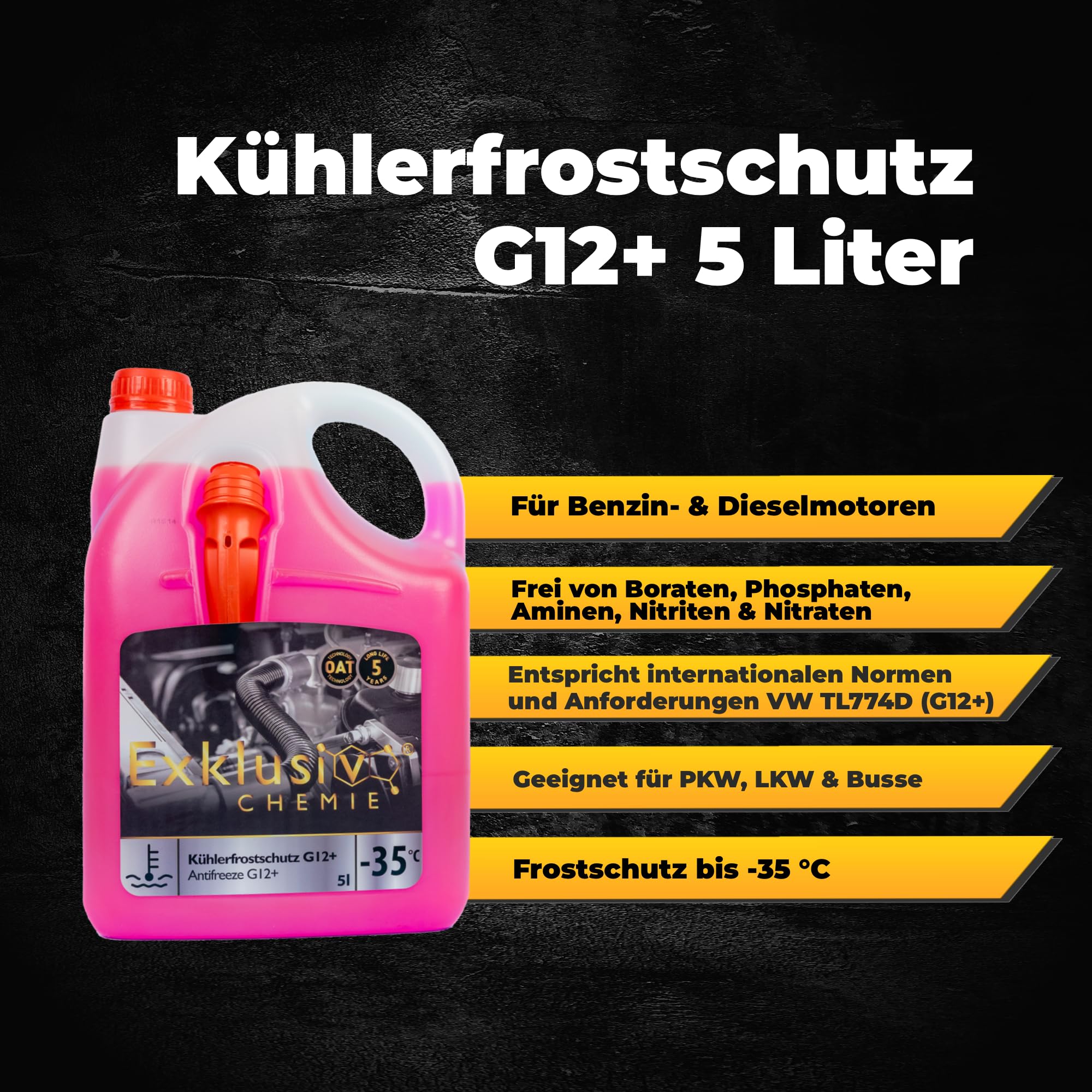 Exklusiv Chemie G12+ Kühlerfrostschutz bis -35° - 5 Liter - 5 Jahre | Kühlflüssigkeit Auto | G12 Kühlmittel Auto | Gebrauchsfertig | Langlebiger Schutz 6