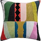 Bloomingville, Multicolor Cotton Velvet Printed Pillow with Abstract Design, Embroidery, Tufting and Striped Back, 18" Square