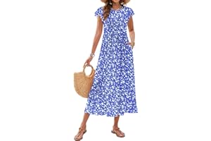 WNEEDU Women's Summer Casual Maxi Dresses 2026 Ruffle Sleeve Crewneck Loose Flowy Tiered Beach Dress with Pockets