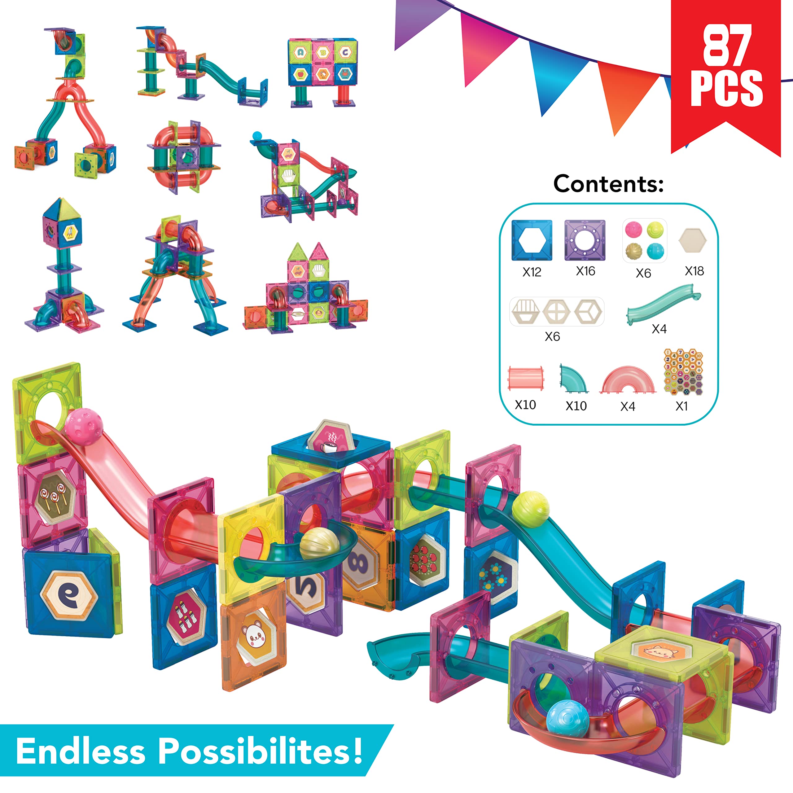 Marble Run for Kids Ages 3-8 Years Old - 3D Magnetic Building Tiles for Boys and Girls - Magnetic Marble Run Educational Toy Steam Learning Maze - Race Track Toy Construction Kit