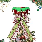 Christmas Tree Topper Hat with Bow, Velvet Top Hat Ornament with Elf Legs and Red & Green Wired Bows, Winter Holidays Xmas Decor for Home Decoration (Red)