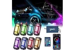 MOTOAUTOLED Car Underglow 360 Degrees Bluetooth RGB LED Rocklights Accent Kit Brake Signal Multi-Color Wireless App Remote Control Neon Lighting Kits Compatible Off-Road Trucks UTV ATV SUV RZR (8 Pods)