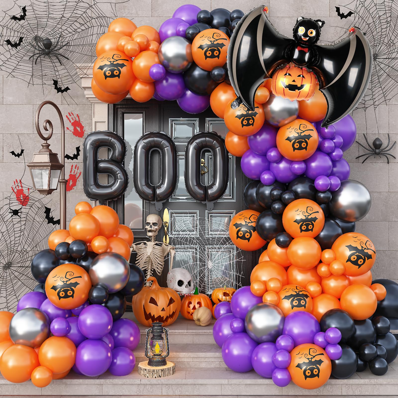 Photo 1 of Adeyoo Halloween Balloon Garland Arch Kit - 138 Pcs Halloween Party Balloons with Black Orange Purple, Pumpkin, Bat, Boo Balloon Metallic Silver Balloons for Birthday Horror Party Decorations