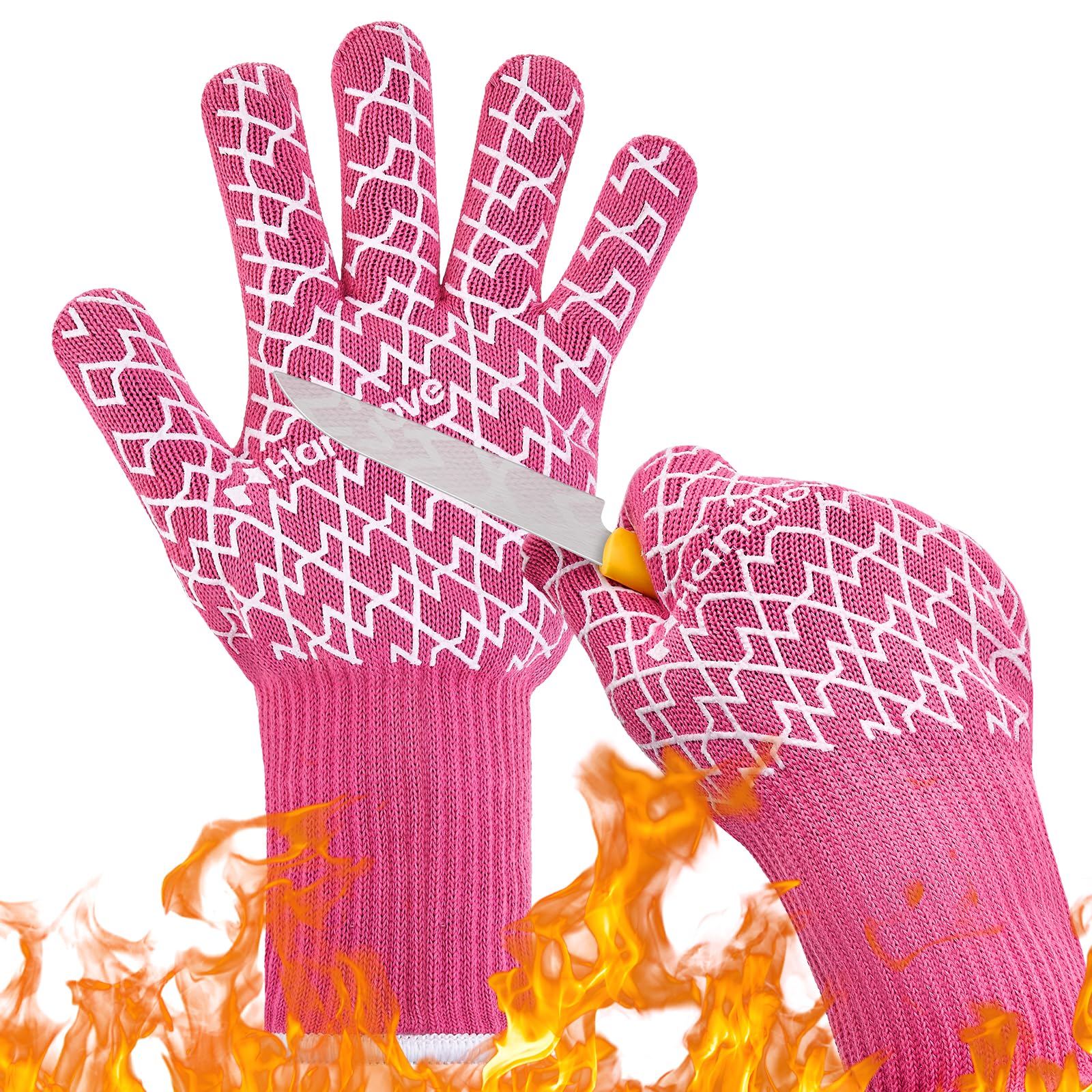 Photo 1 of HandLove Aramid Heat Resistant BBQ Gloves – Grilling & Oven Gloves with Fingers, Silicone Grip & Long Cuffs for Cooking, Baking, and Outdoor Barbecue – Pink, Small