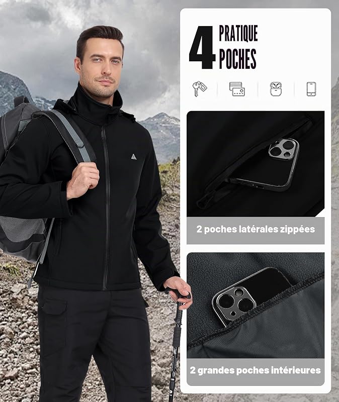 Veste Softshell Hommes Imperméable Coupe-vent Veste Hiver Manteau Doublée Polaire à Capuche Outdoor Blouson Mi Saison pour Randonnée Camping Travail Pêche Noir XL — photo 5 sur 6