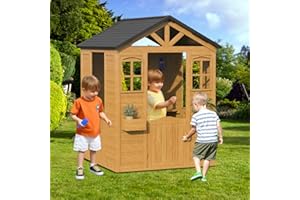 RICHRYCE All Spruce Outdoor Kids Playhouse, Toddler Wooden Playhouse for Kids Ages 3-10, with Sink, Stove, Flower Pot Holders, Phone, Kitchen with Food Kitchenware Tableware, 42" x 45" x 55", Brown