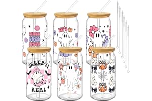 Culudea 6 Pcs Halloween Drinking Glasses with Lids and Straws, 16oz Cute Ghost Floral Checkered Star Bat Can Shaped Beer Glasses Set for Women Teenager Birthday Party Gift