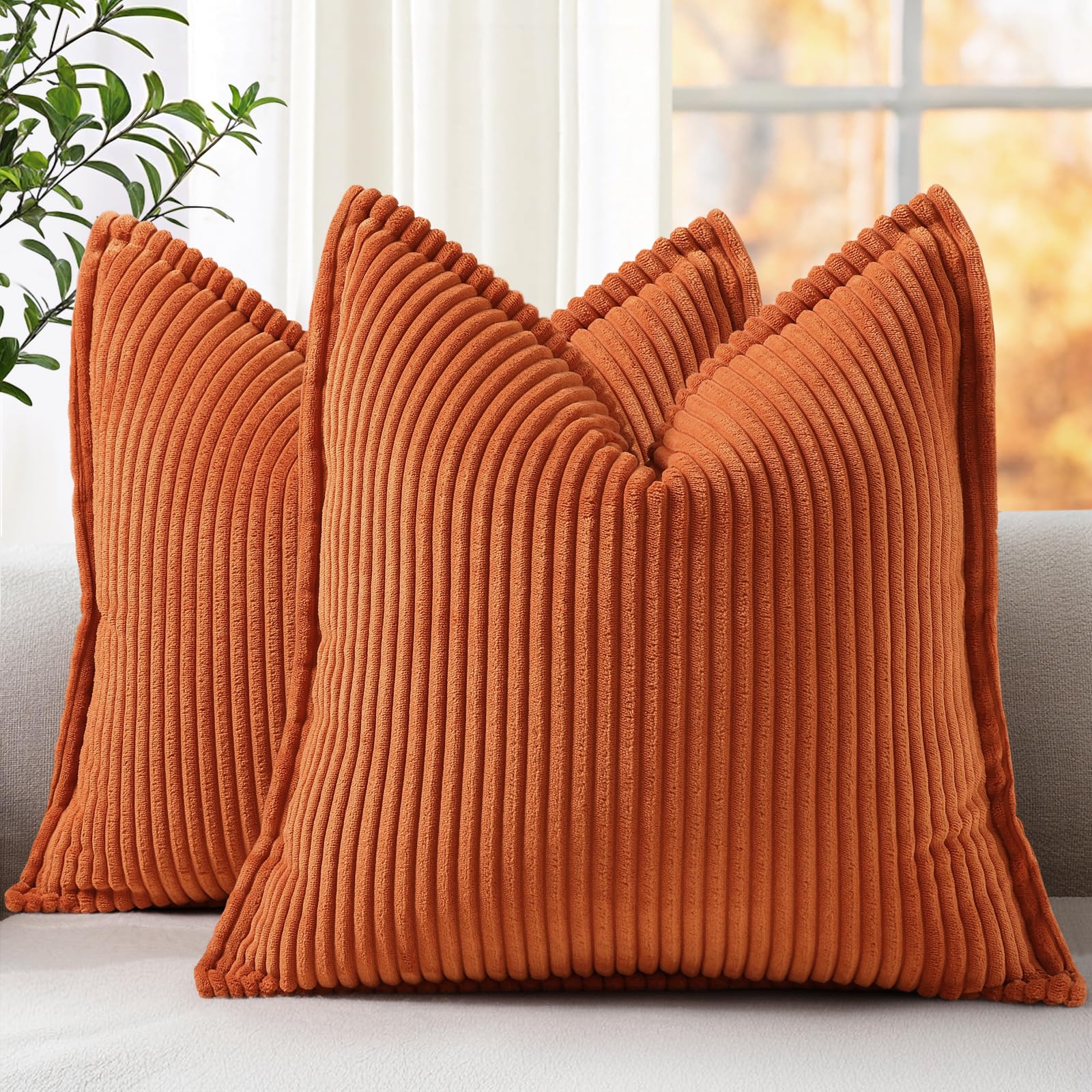 Photo 1 of decorUhome Fall Corduroy Rust Throw Pillow Covers 18x18 Set of 2 Decorative Soft Boho Striped Neutral Euro Farmhouse Couch Pillow Covers with Broadside for Living Room Bed Sofa