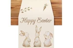 BLUEGOGO Happy Easter Table Runner Carrots Rabbit Easter Table Runners, Linen & Brushed Double Layer Easter Table Runner for Easter Decorations Spring Summer Easter Table Decoration 13 x 72 Inch